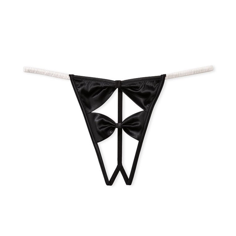 Victoria's Secret DREAM ANGELS Black & White Crotchless Satin Bow V-String Panty
